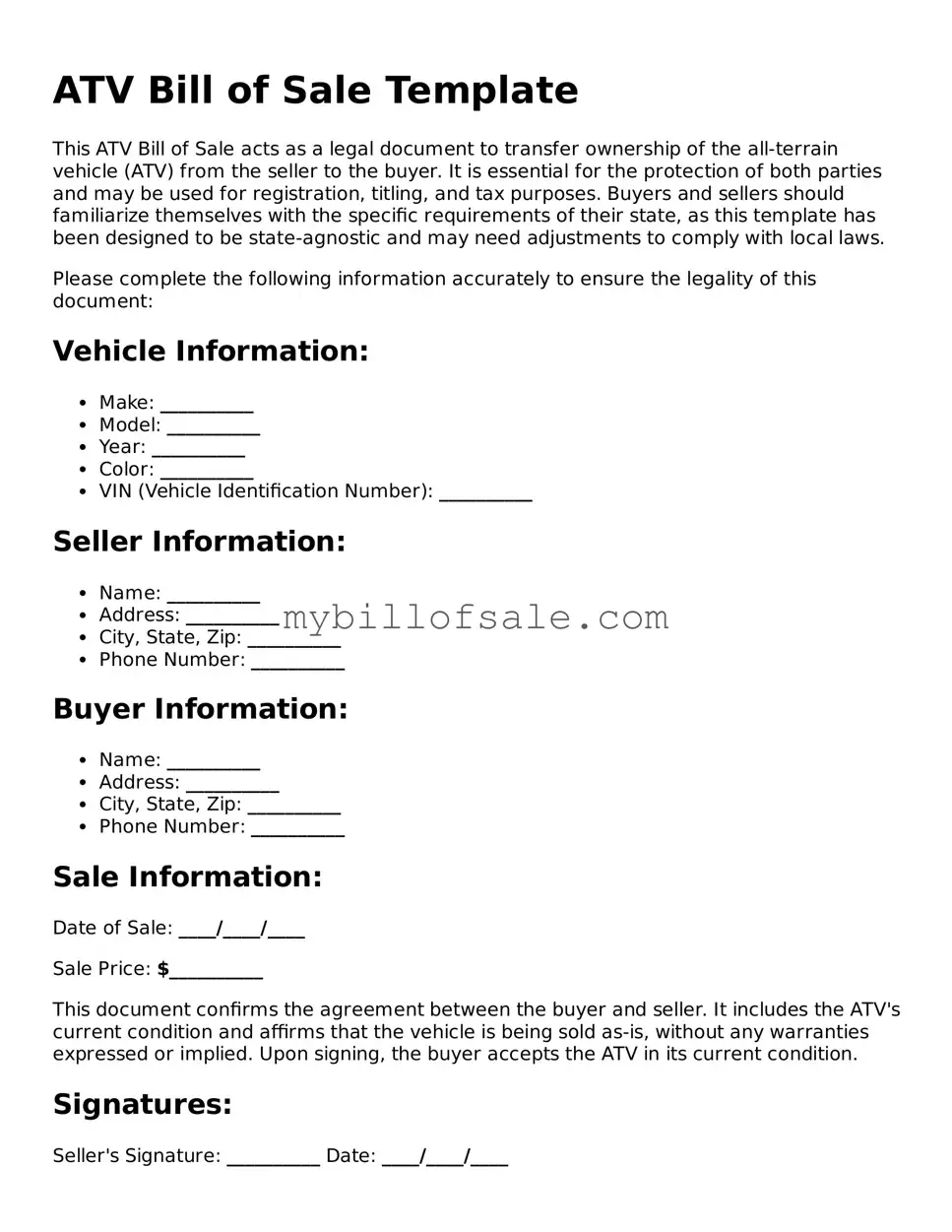 Blank ATV Bill of Sale Form