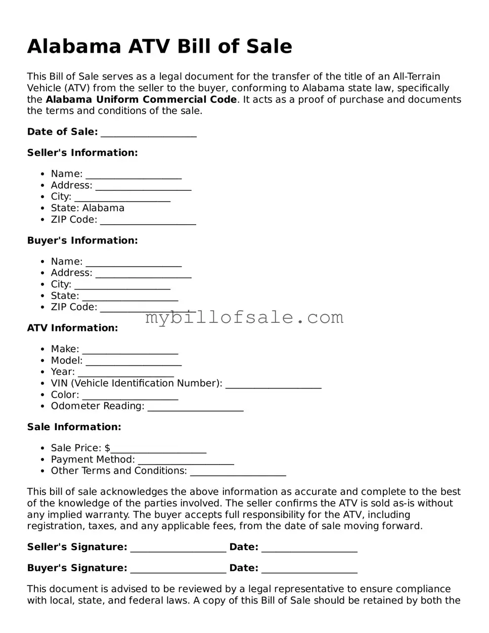 Official Alabama ATV Bill of Sale Template