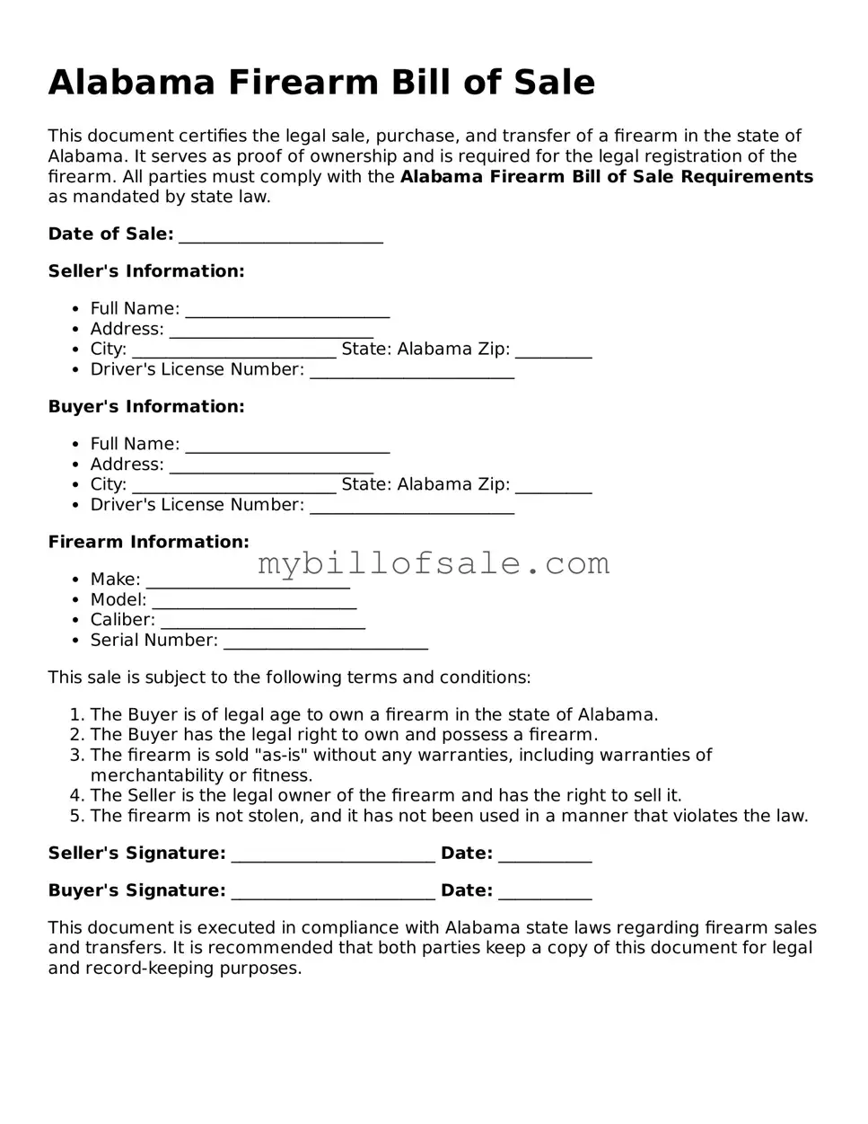 Official Alabama Firearm Bill of Sale Template