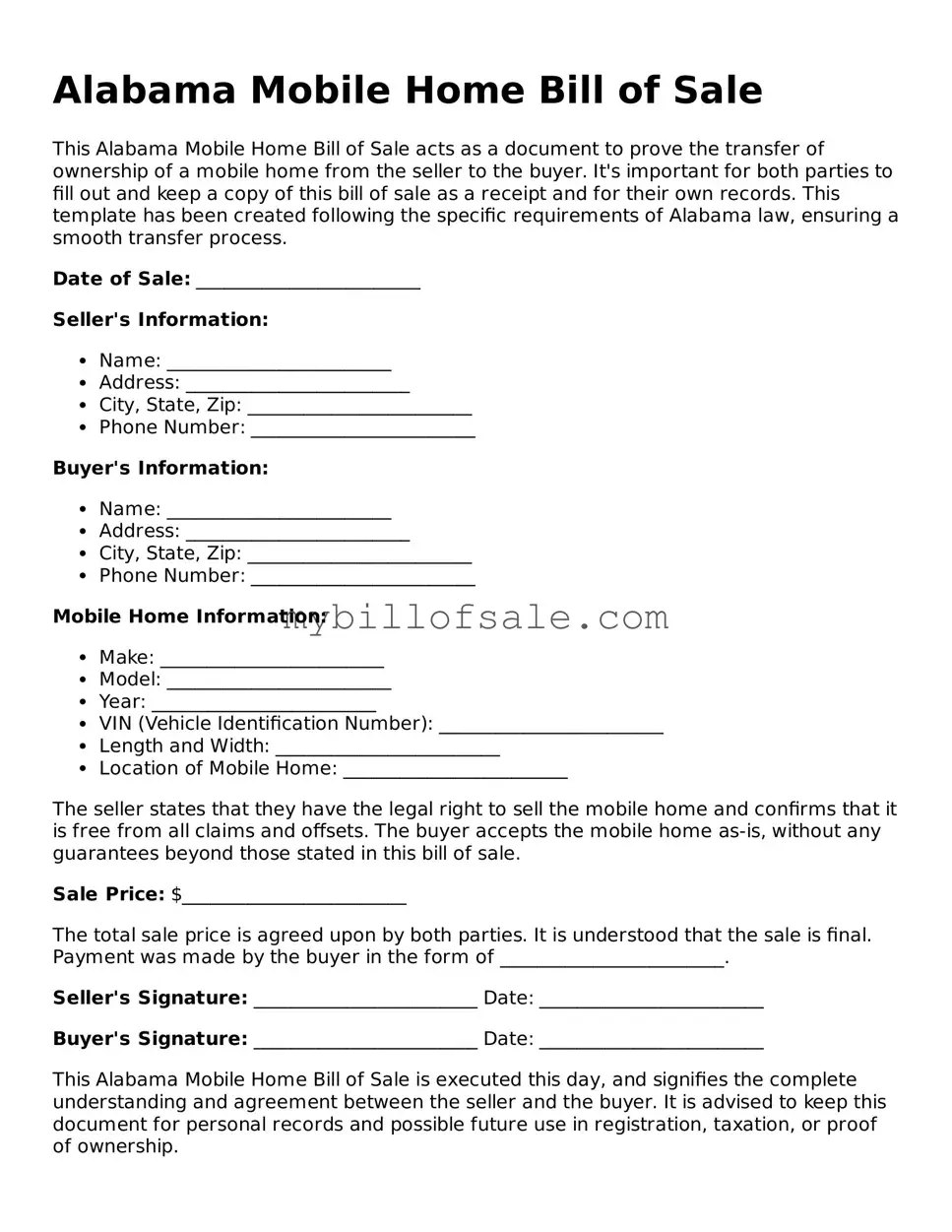 Official Alabama Mobile Home Bill of Sale Template