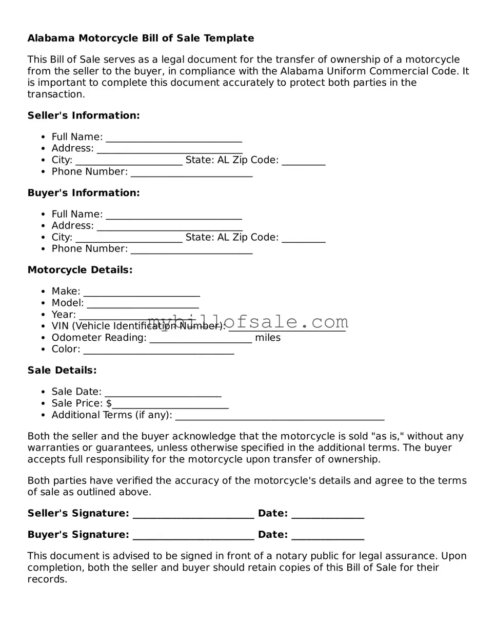 Official Alabama Motorcycle Bill of Sale Template