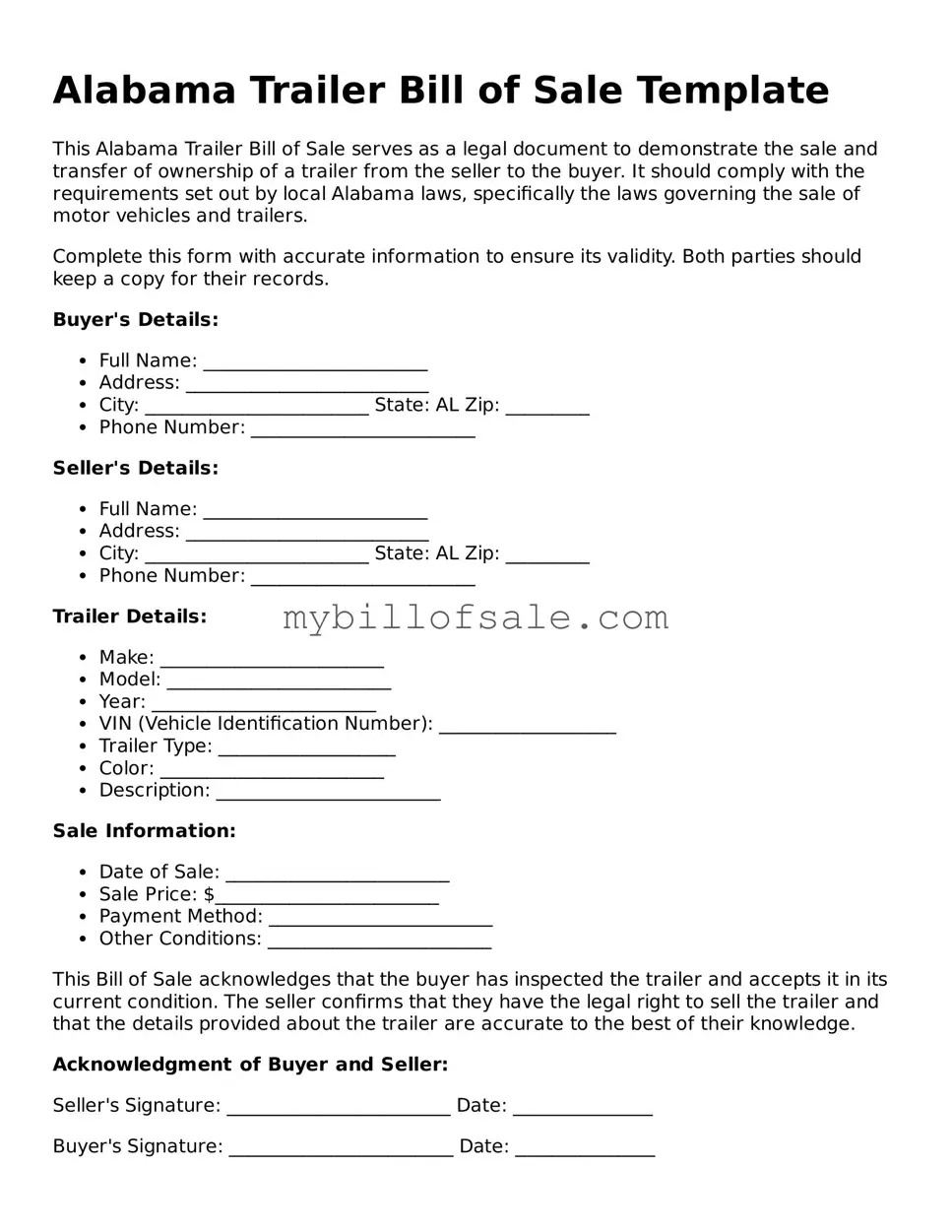 Official Alabama Trailer Bill of Sale Template