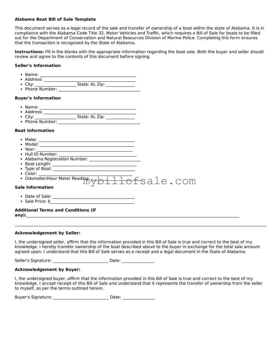 Official Alabama Boat Bill of Sale Template