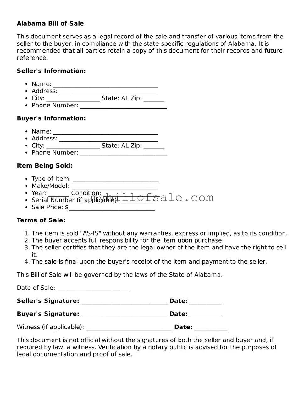 Official Alabama Bill of Sale Template