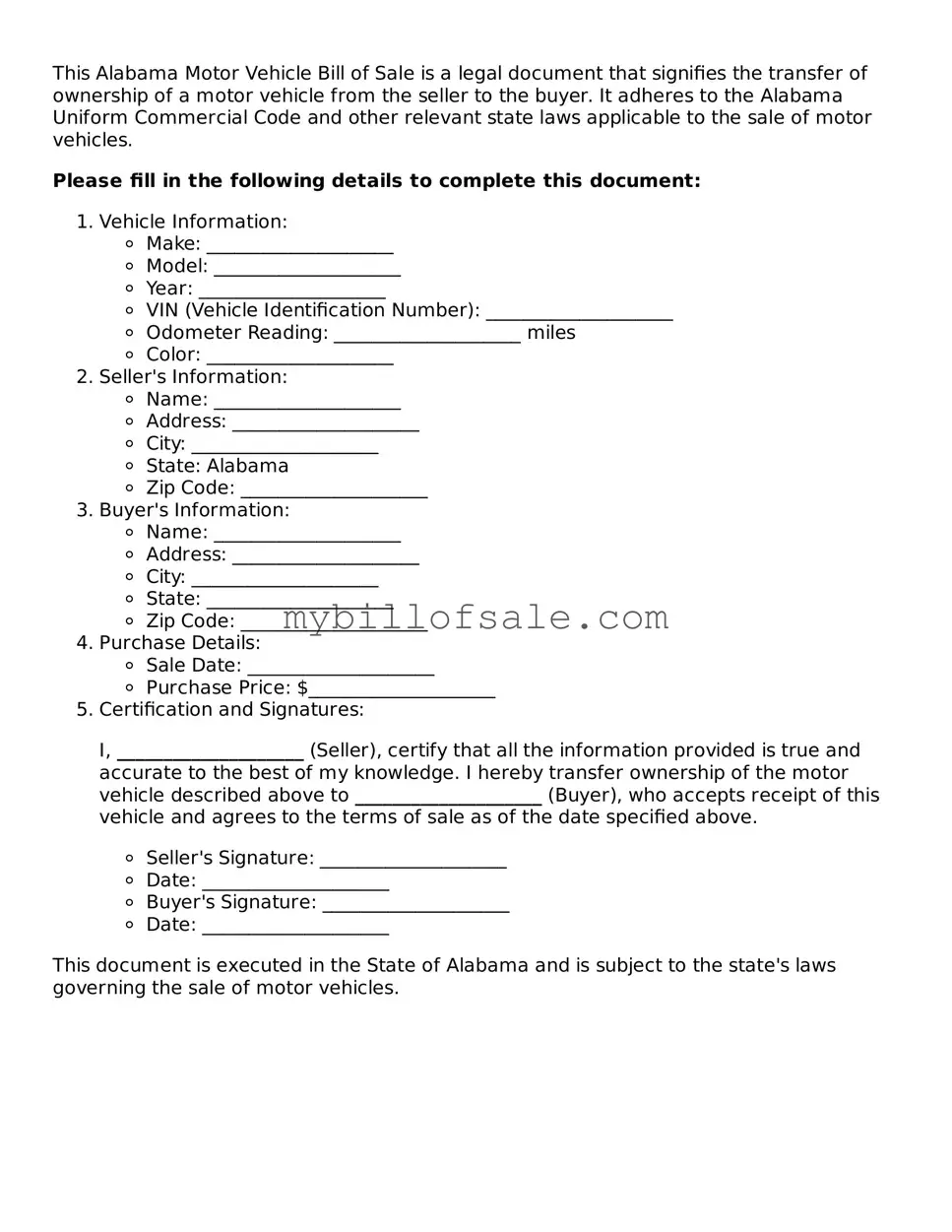 Official Alabama Motor Vehicle Bill of Sale Template