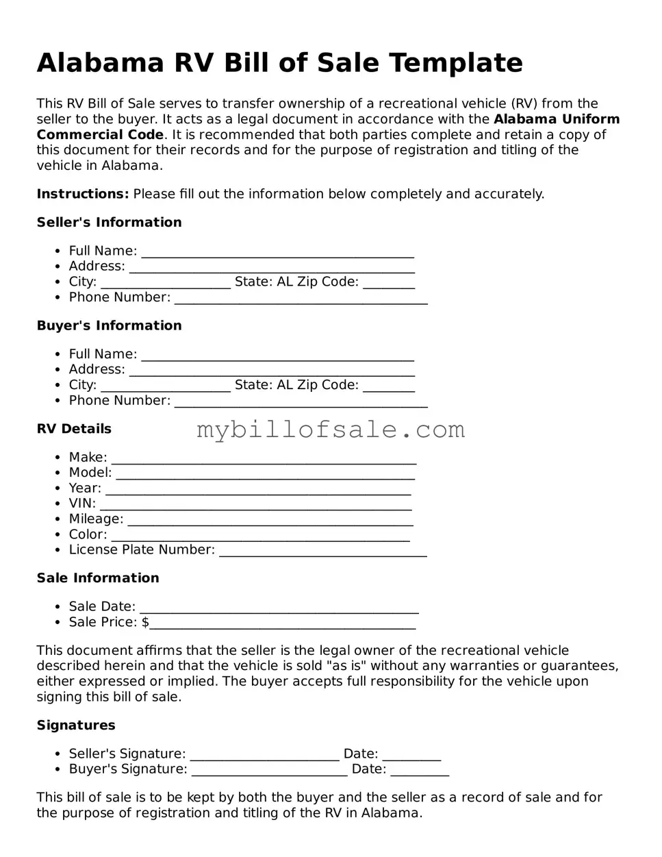 Official Alabama RV Bill of Sale Template