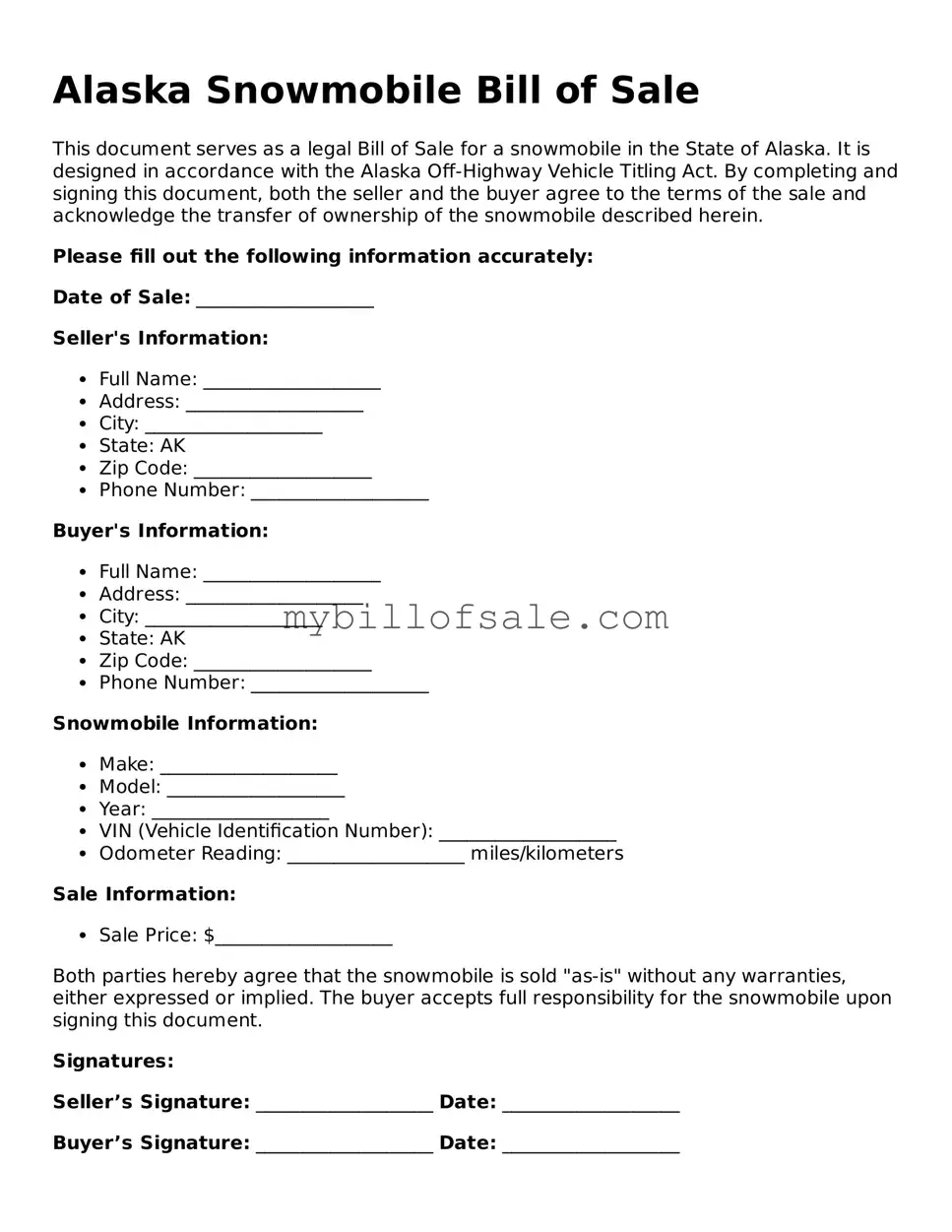 Official Alaska Snowmobile Bill of Sale Template