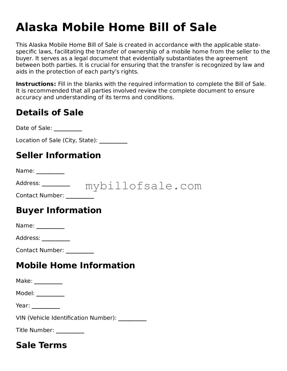Official Alaska Mobile Home Bill of Sale Template