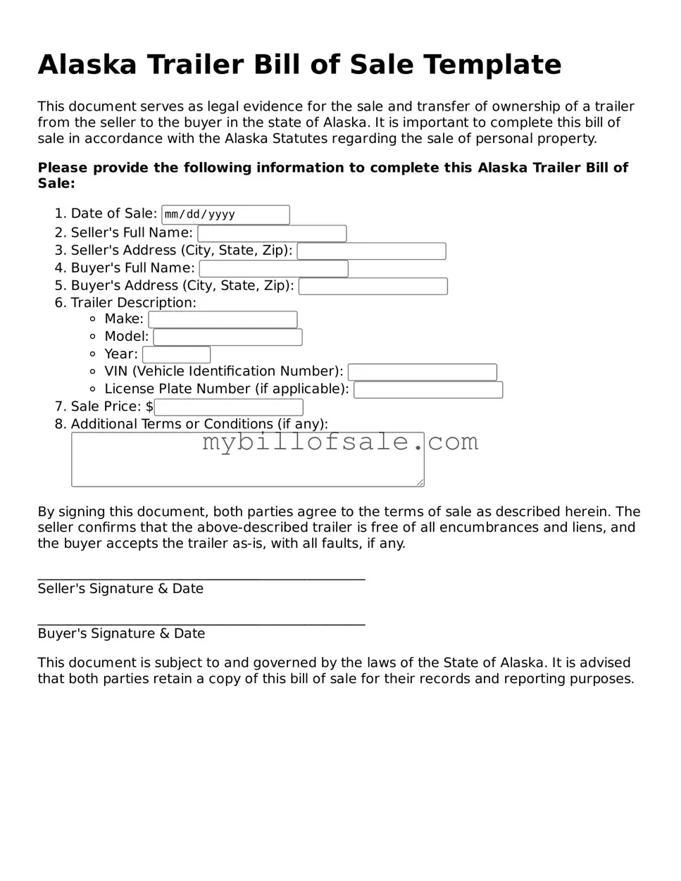 Official Alaska Trailer Bill of Sale Template