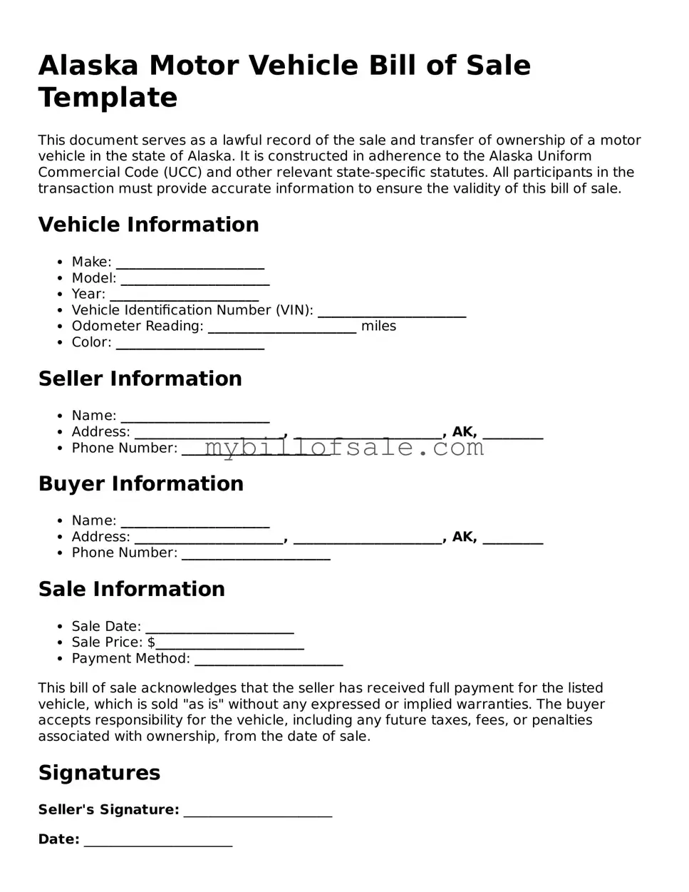 Official Alaska Motor Vehicle Bill of Sale Template