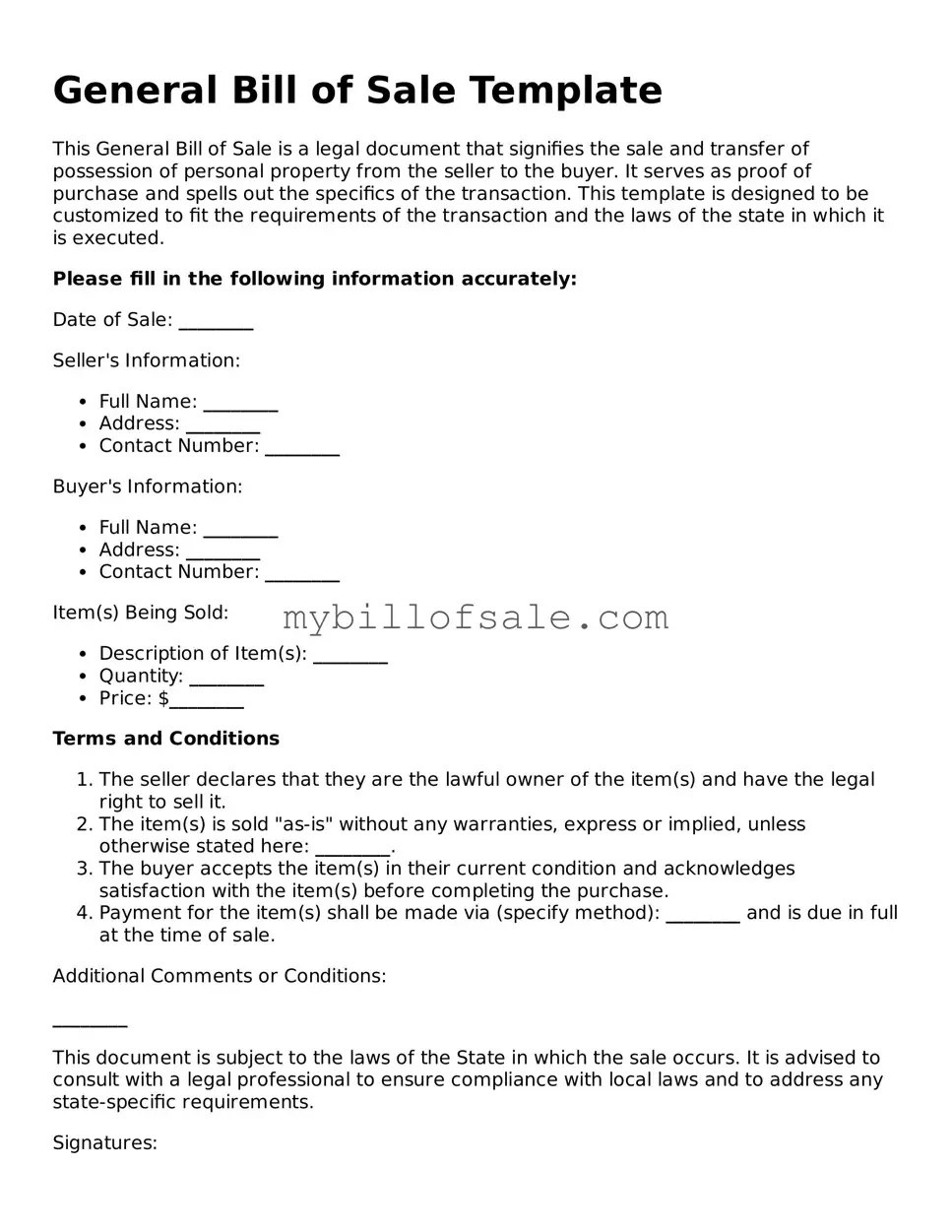 Blank General Bill of Sale Form