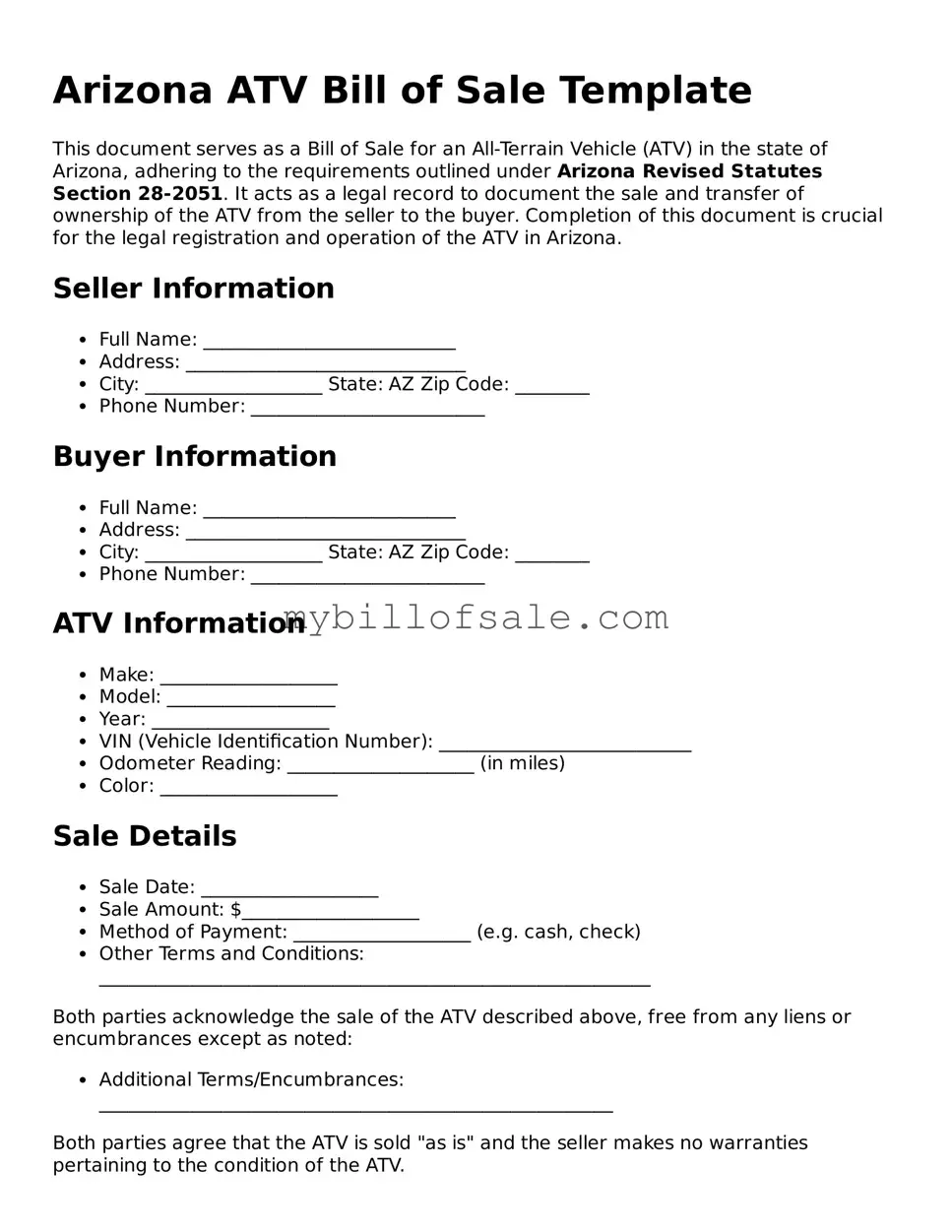 Official Arizona ATV Bill of Sale Template