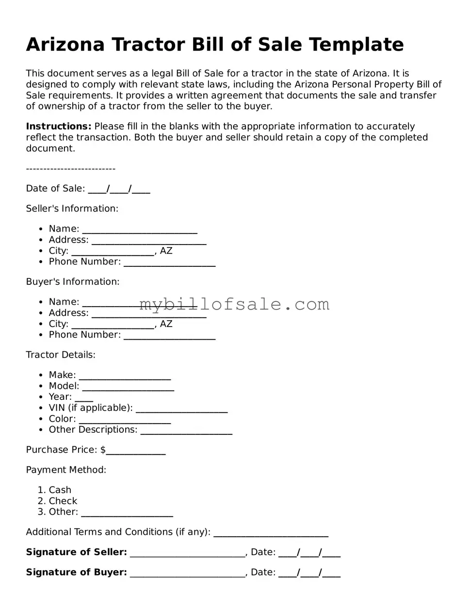 Official Arizona Tractor Bill of Sale Template