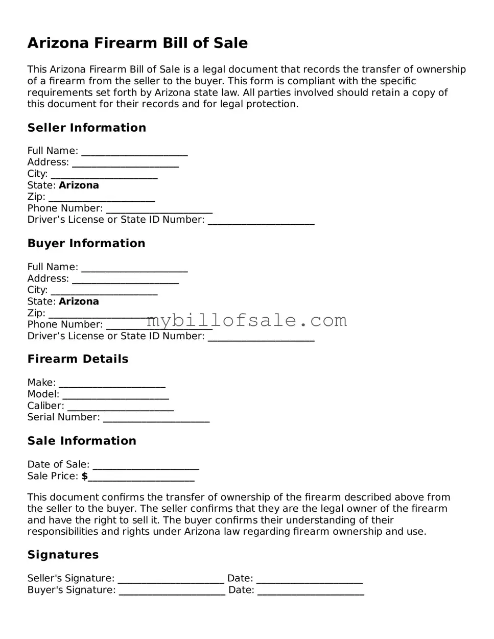 Official Arizona Firearm Bill of Sale Template