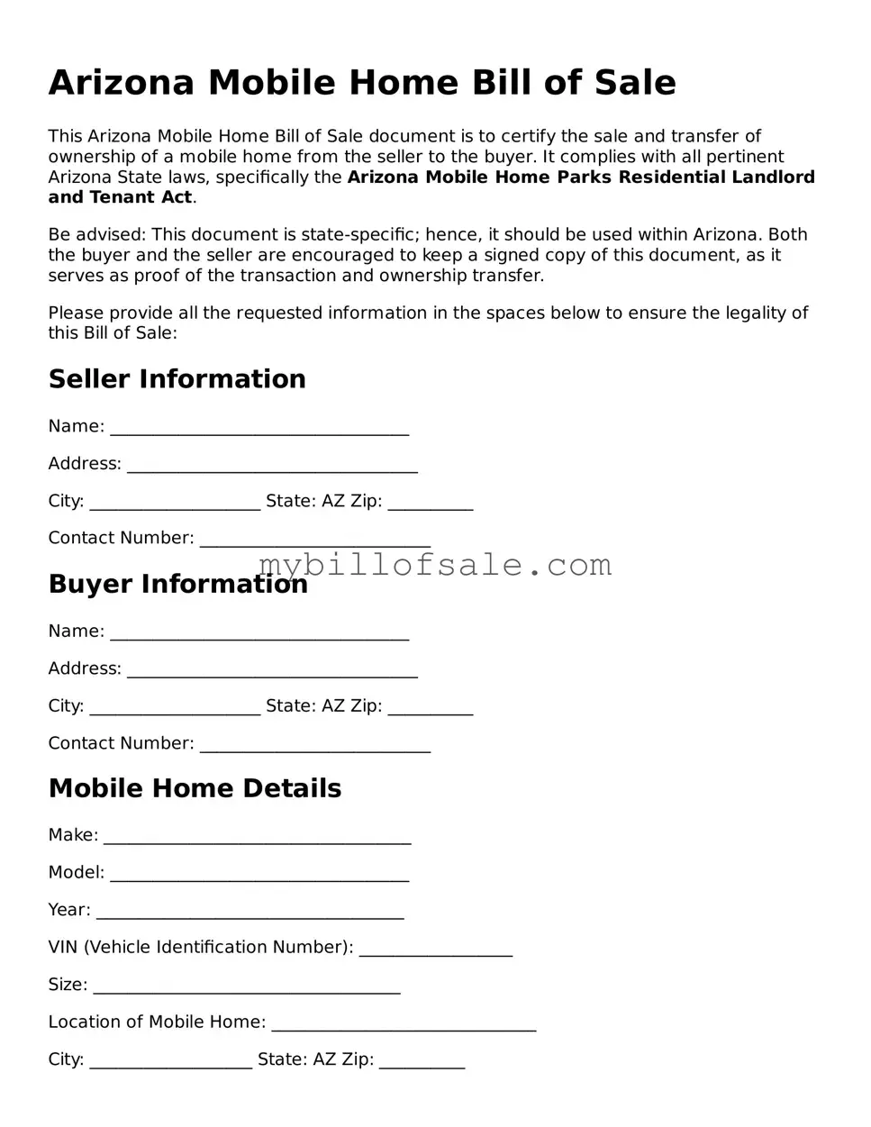 Official Arizona Mobile Home Bill of Sale Template