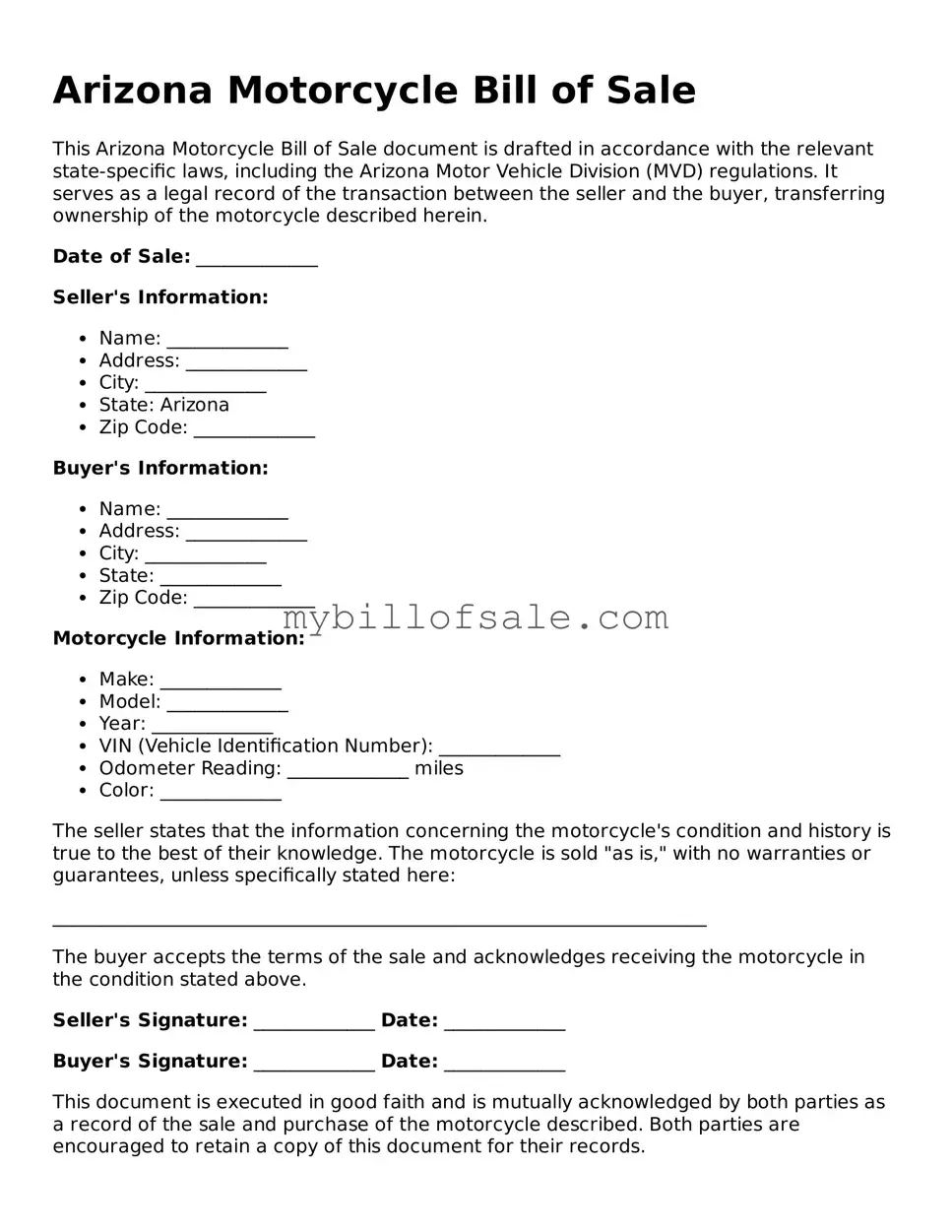 Official Arizona Motorcycle Bill of Sale Template