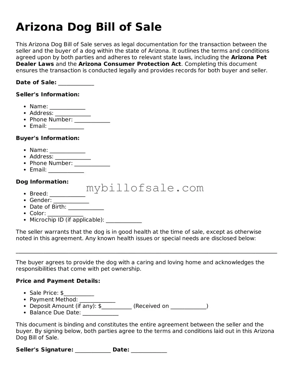 Official Arizona Dog Bill of Sale Template