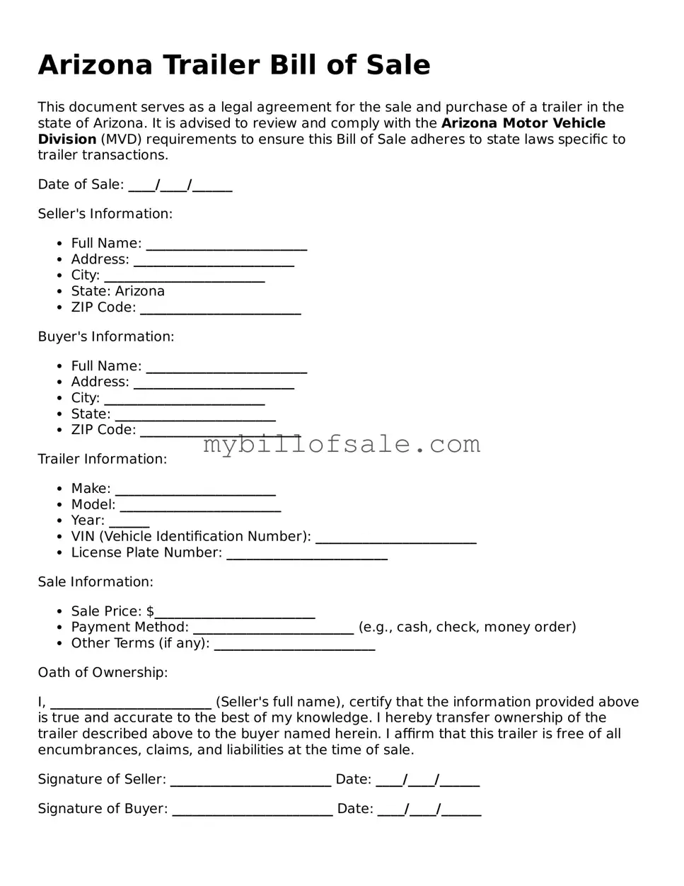 Official Arizona Trailer Bill of Sale Template