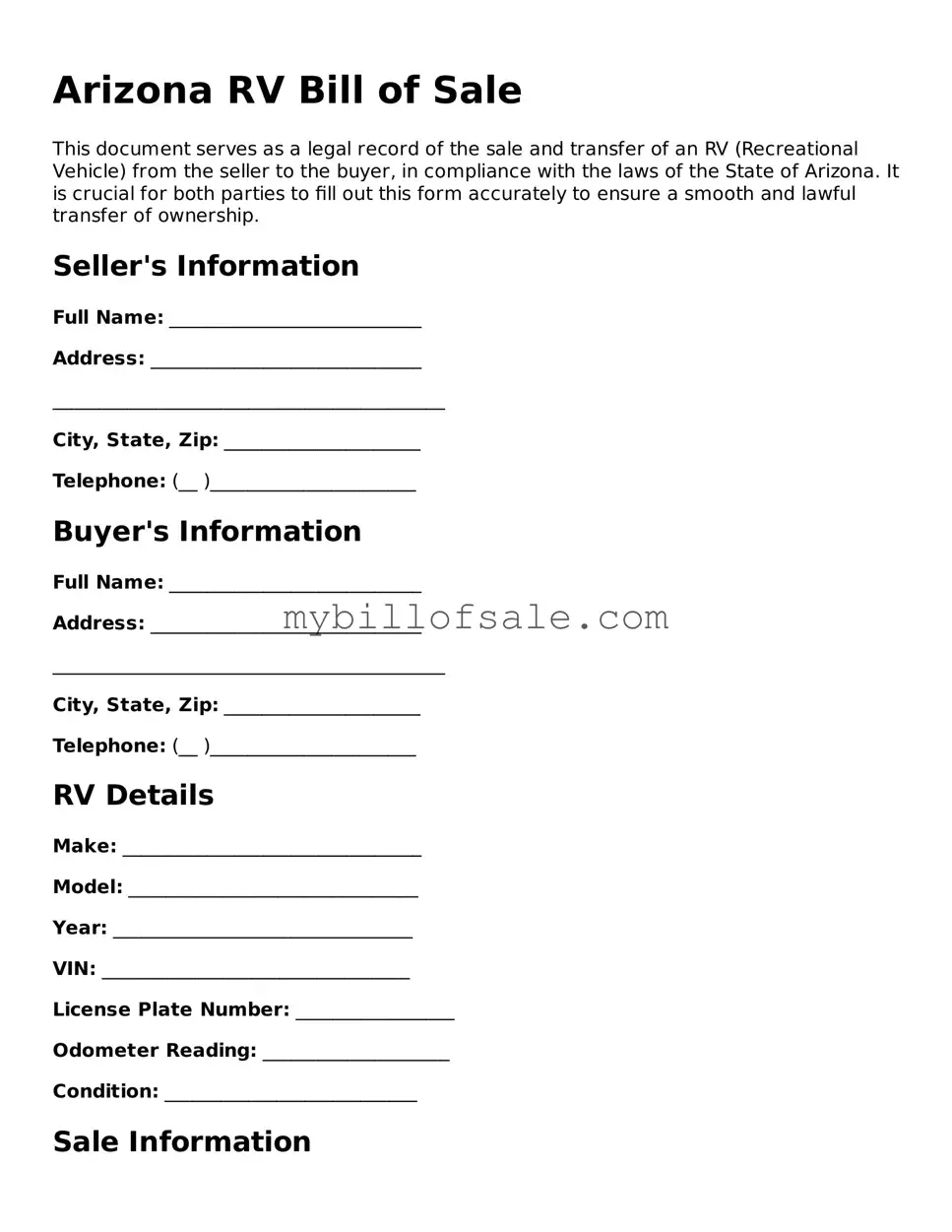 Official Arizona RV Bill of Sale Template