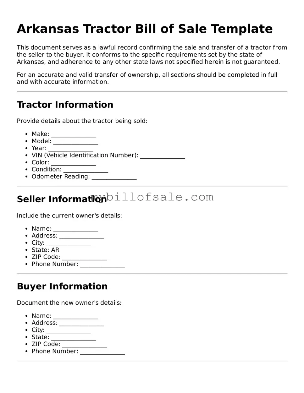Official Arkansas Tractor Bill of Sale Template