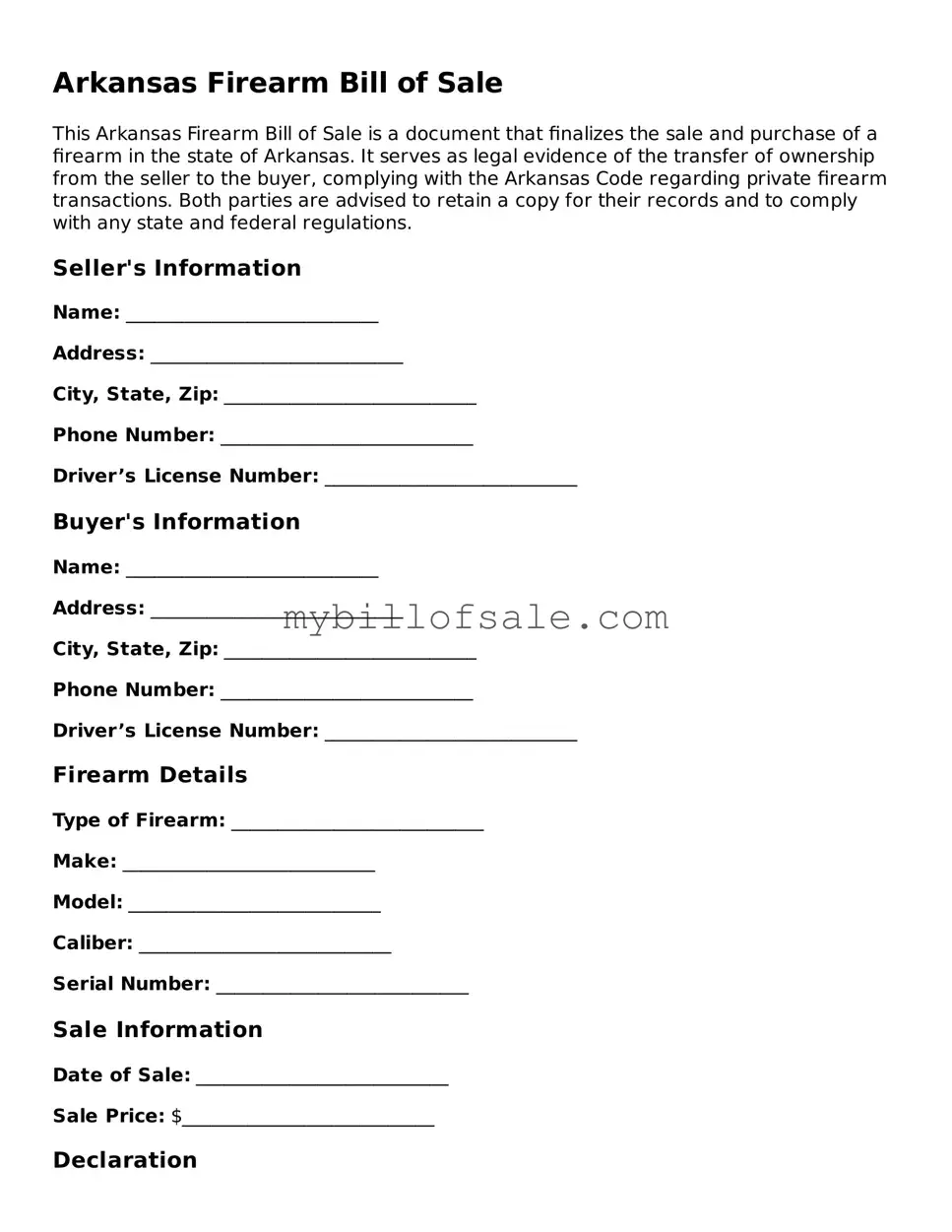 Official Arkansas Firearm Bill of Sale Template