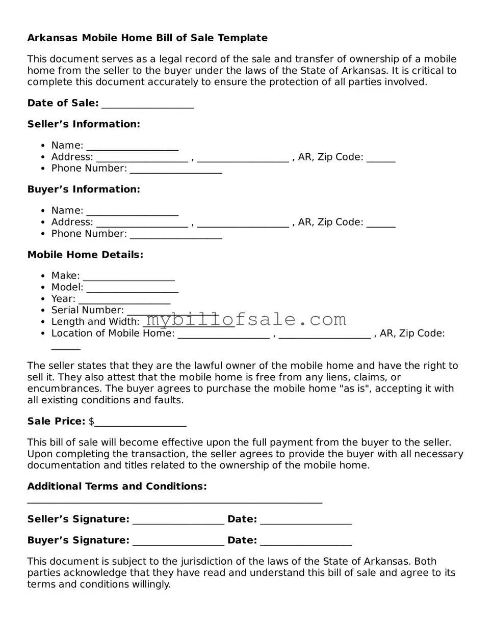 Official Arkansas Mobile Home Bill of Sale Template