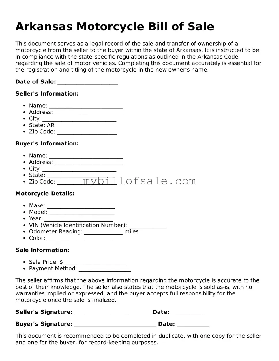 Official Arkansas Motorcycle Bill of Sale Template