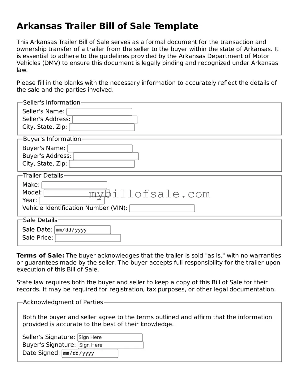 Official Arkansas Trailer Bill of Sale Template