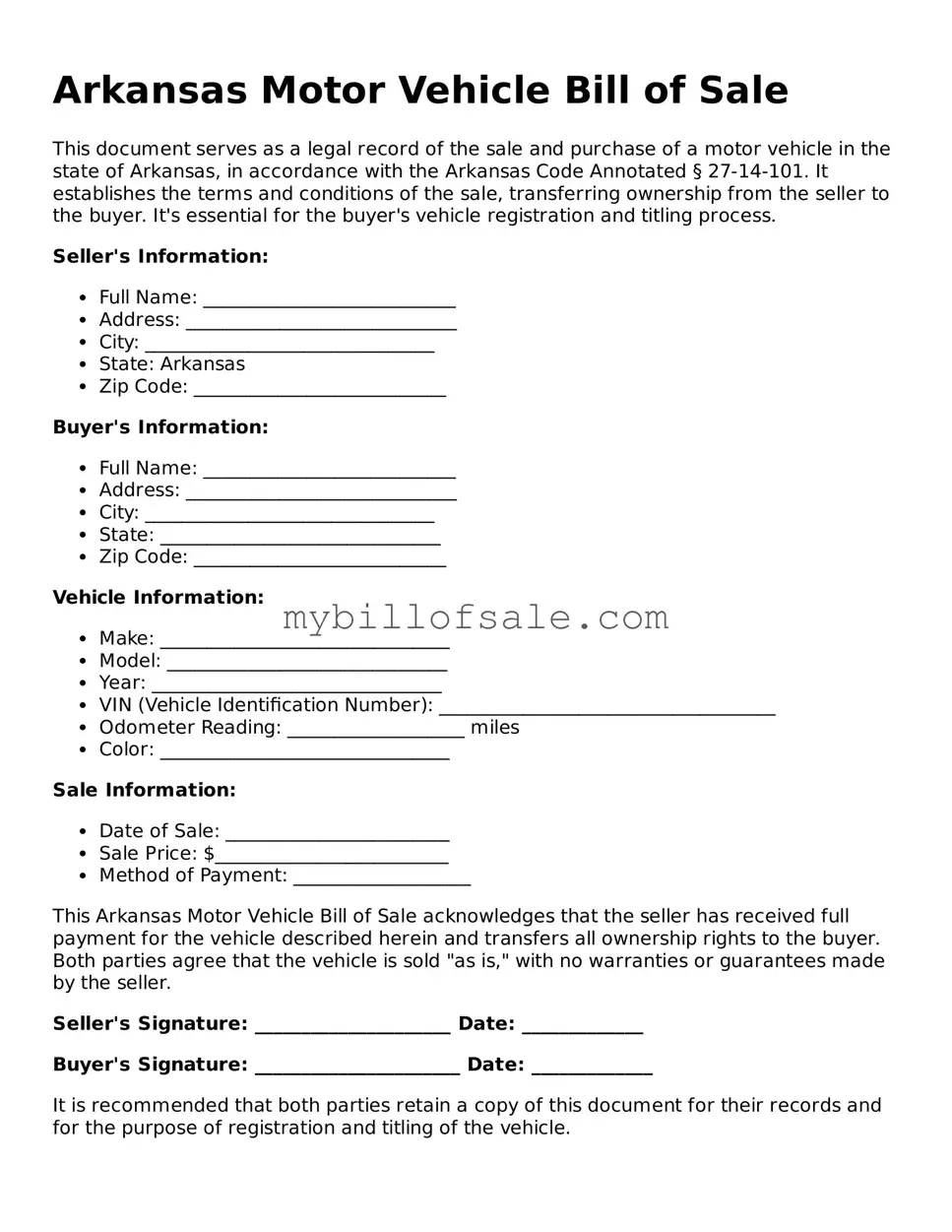 Official Arkansas Motor Vehicle Bill of Sale Template