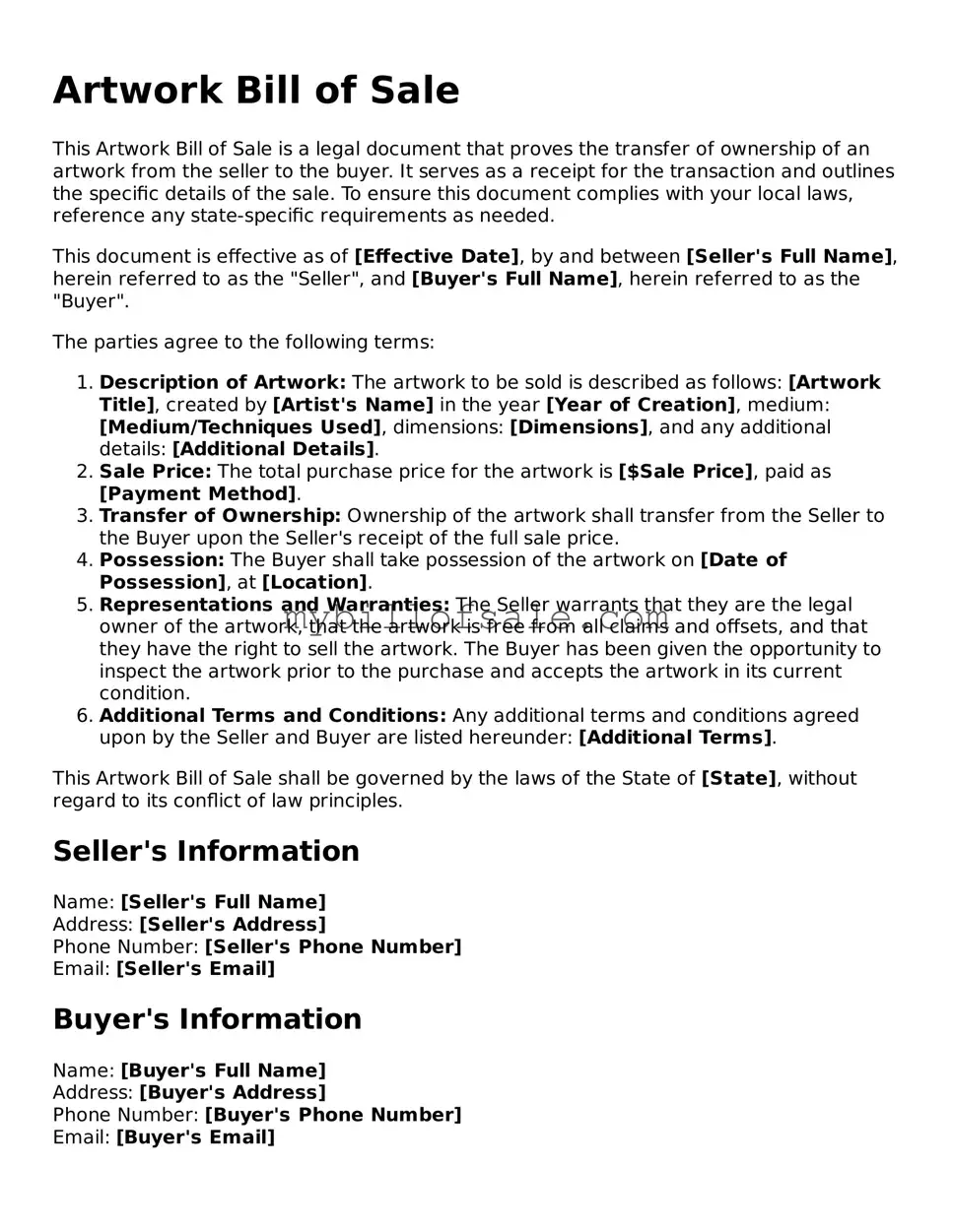 Blank Artwork Bill of Sale Form