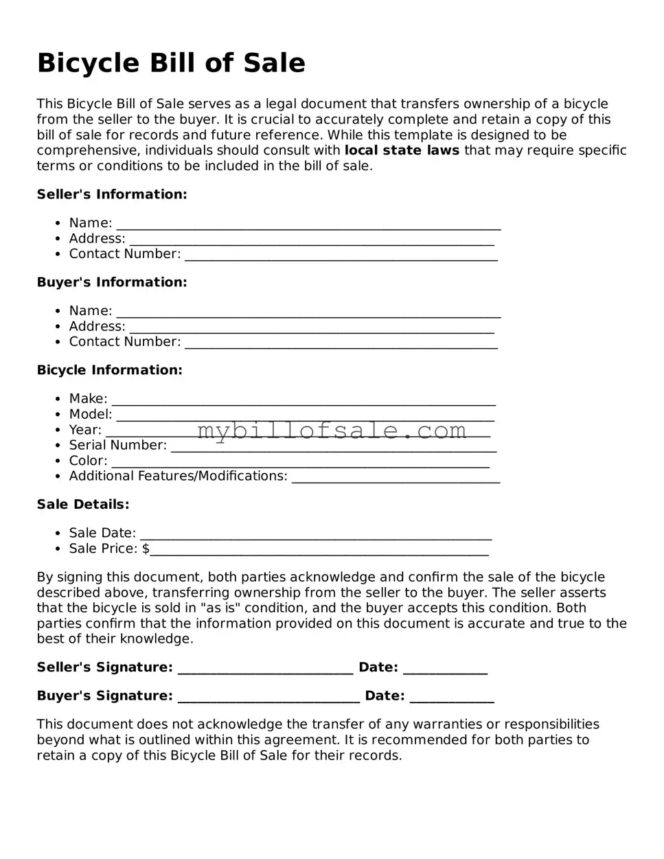 Blank Bicycle Bill of Sale Form