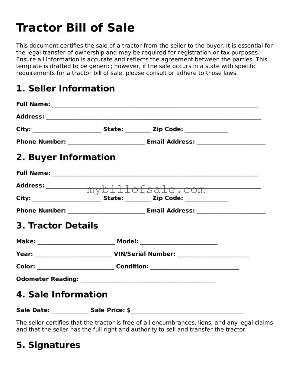 Blank Tractor Bill of Sale Form