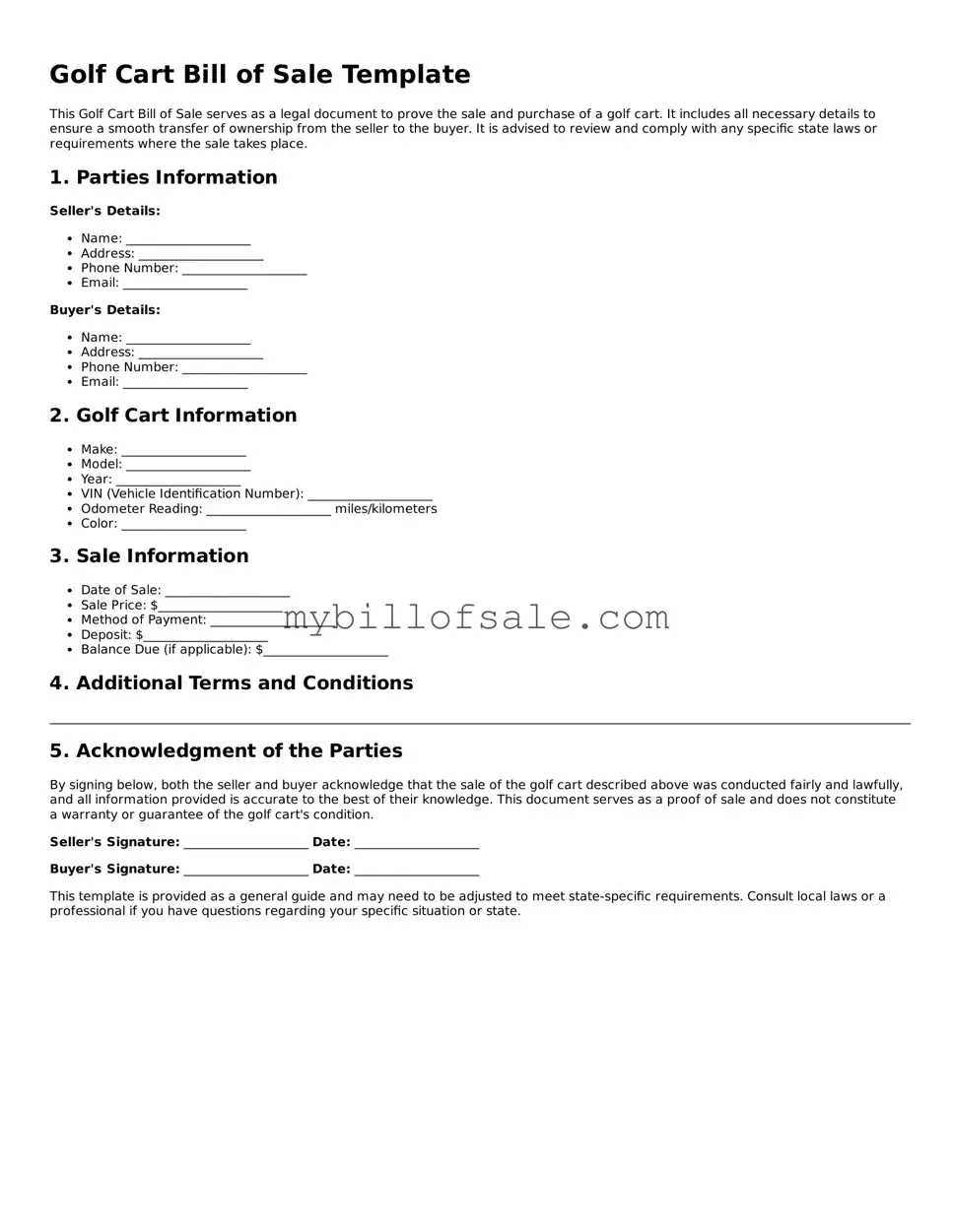 Blank Golf Cart Bill of Sale Form