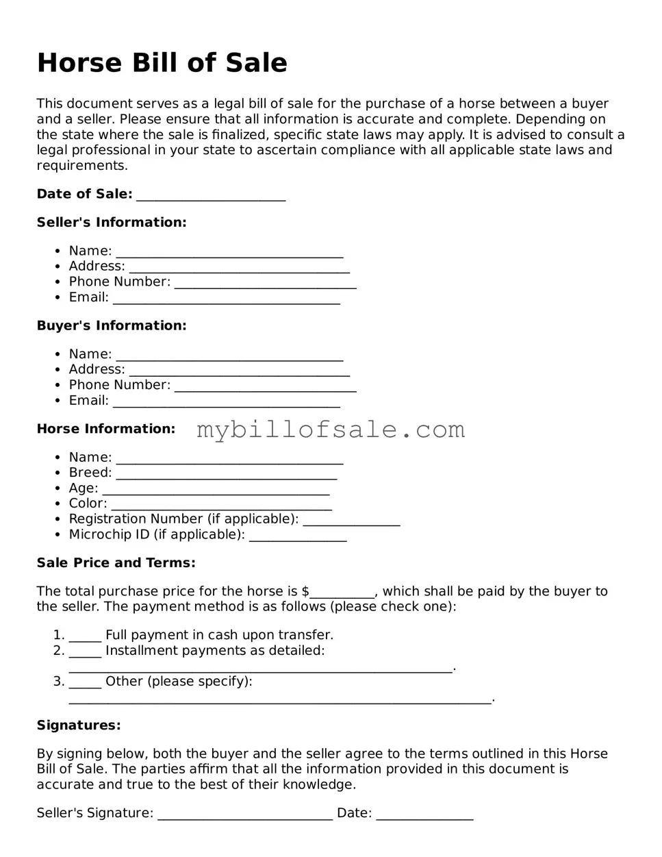 Blank Horse Bill of Sale Form