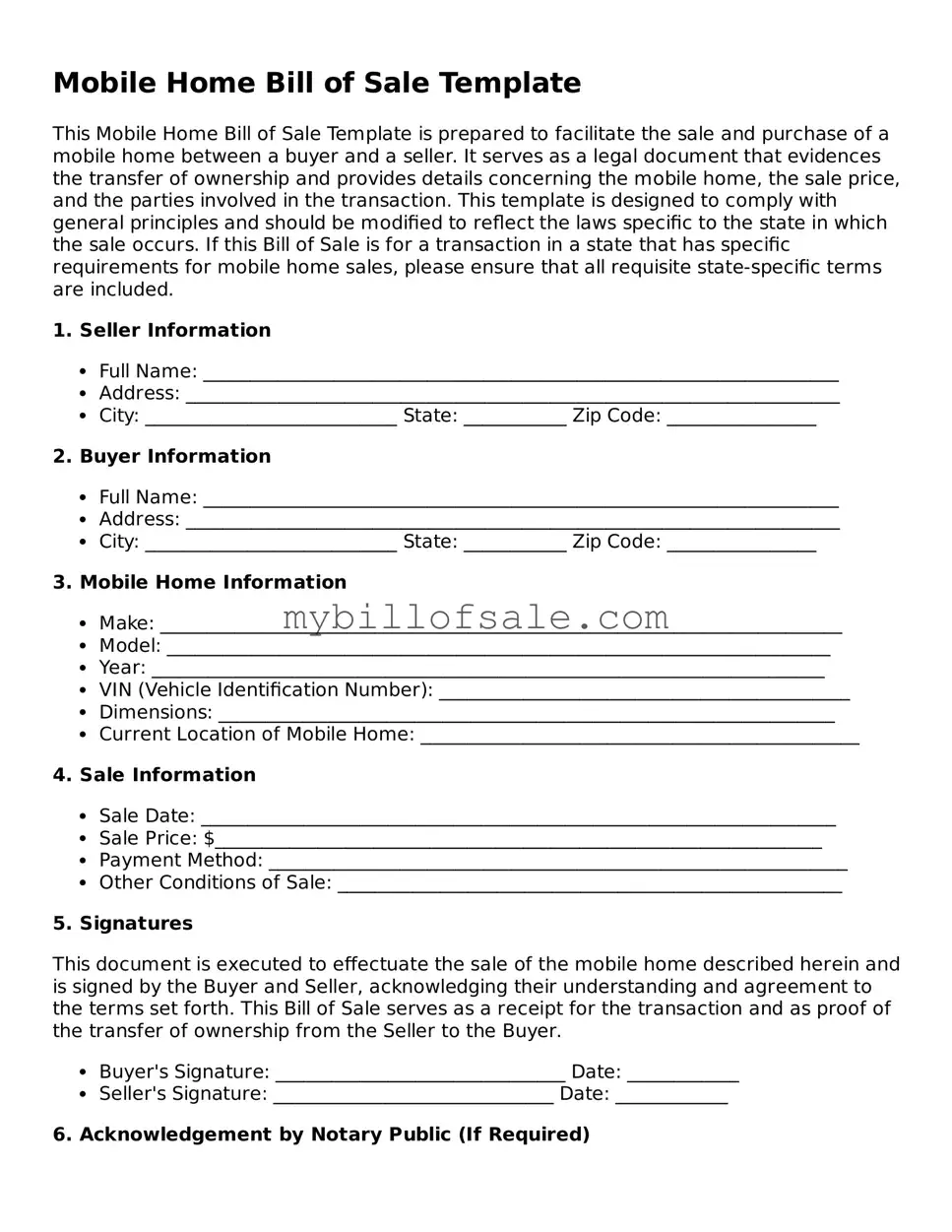 Blank Mobile Home Bill of Sale Form