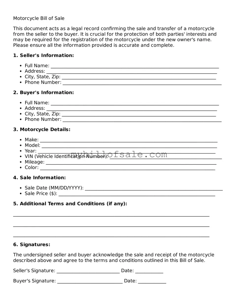 Blank Motorcycle Bill of Sale Form