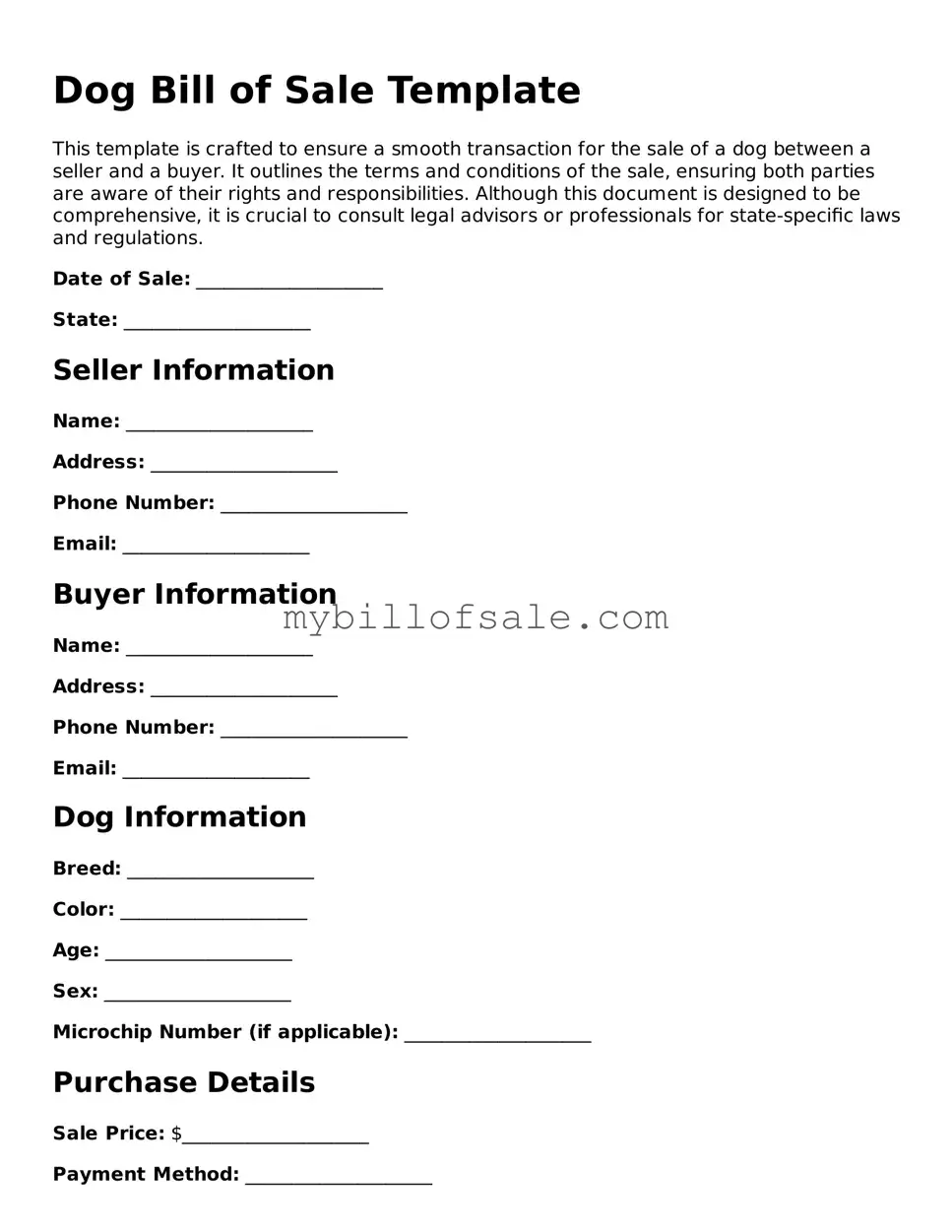 Blank Dog Bill of Sale Form