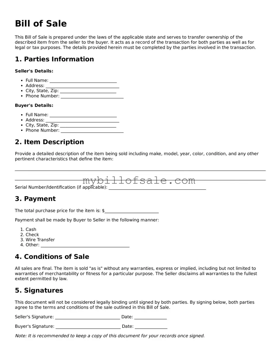 Blank Bill of Sale Form