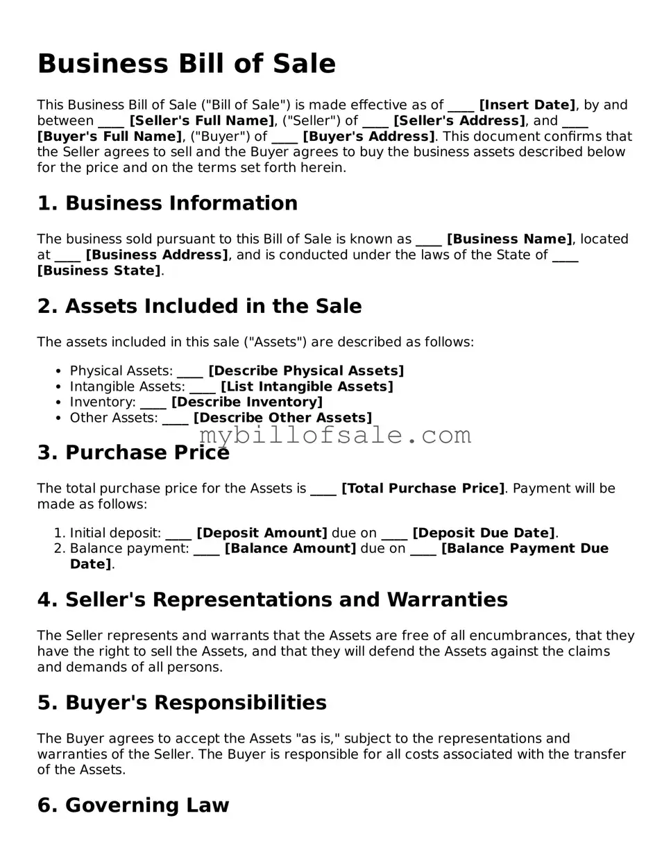 Blank Business Bill of Sale Form