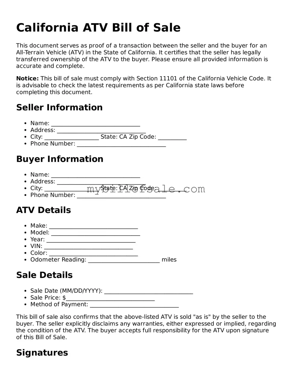 Official California ATV Bill of Sale Template