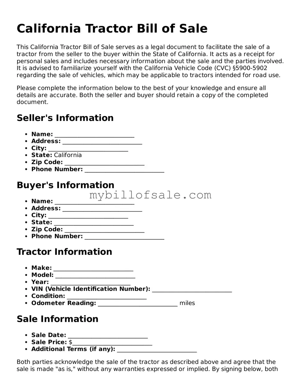 Official California Tractor Bill of Sale Template