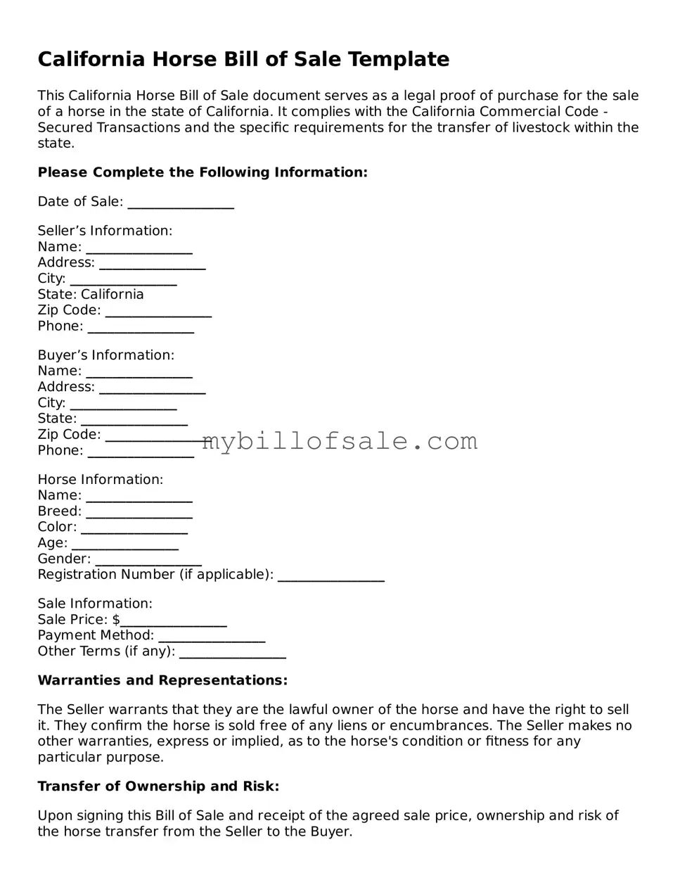 Official California Horse Bill of Sale Template