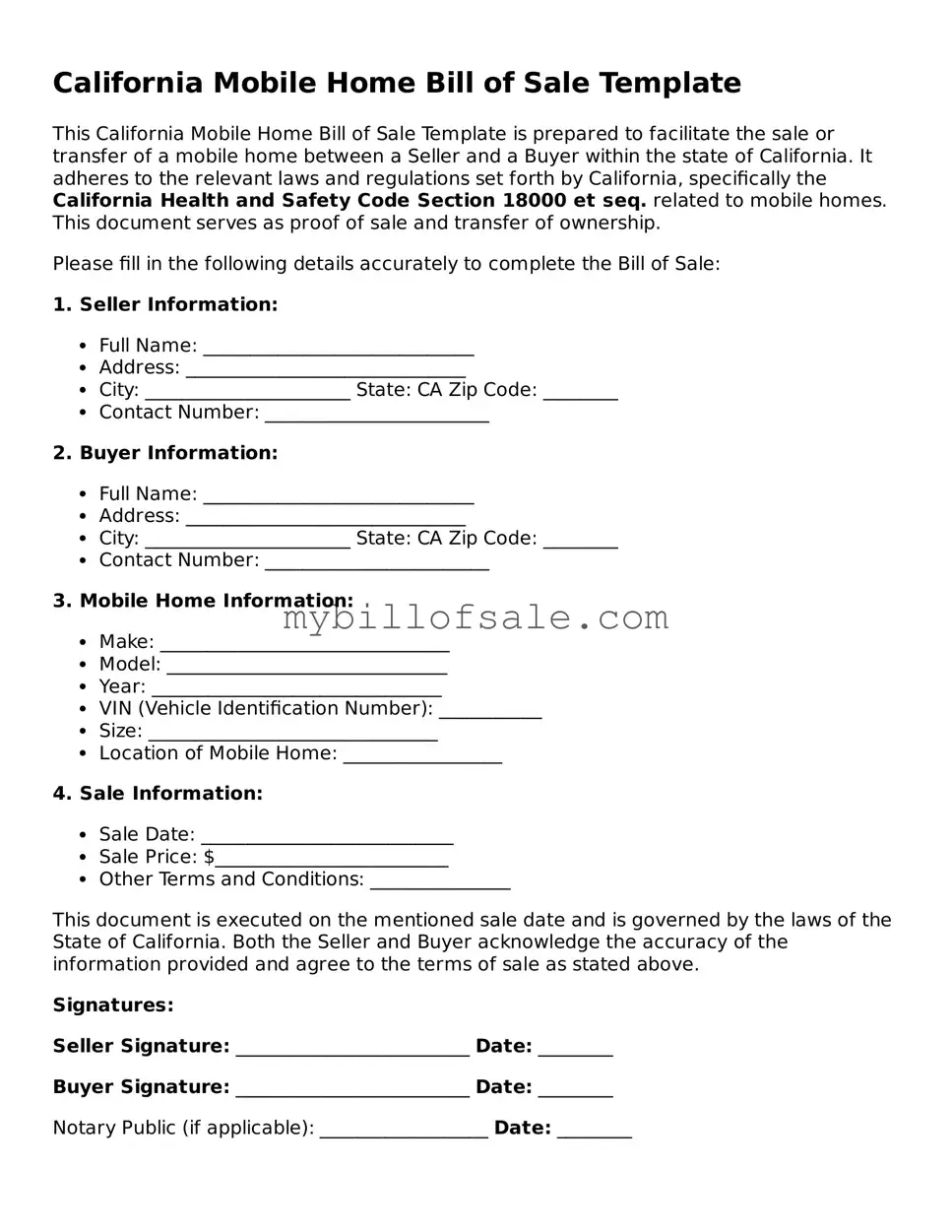 Official California Mobile Home Bill of Sale Template