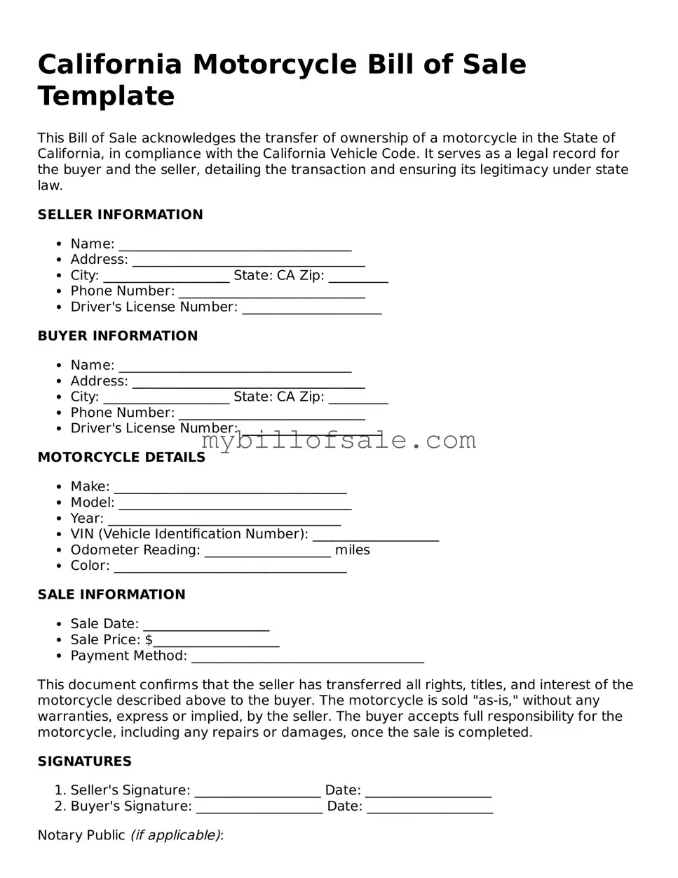 Official California Motorcycle Bill of Sale Template