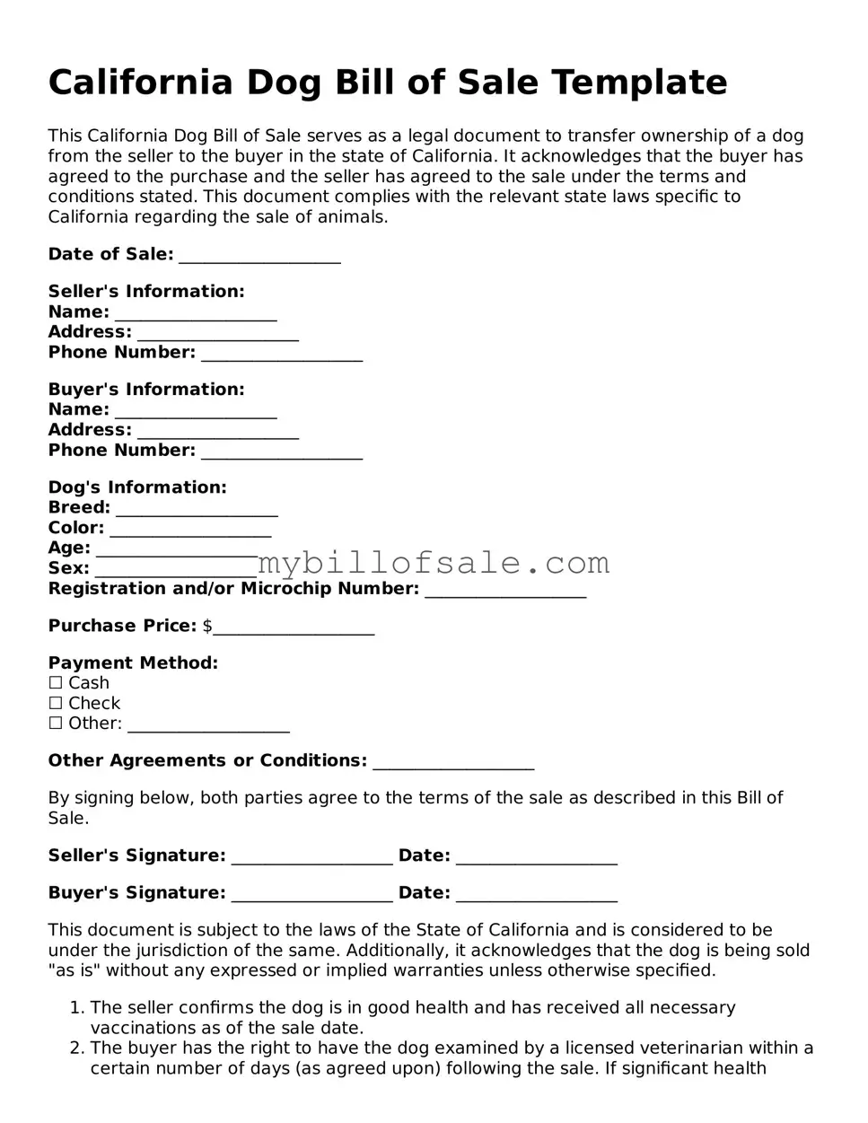 Official California Dog Bill of Sale Template