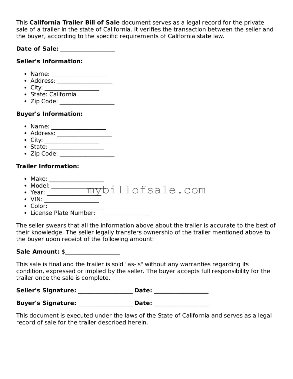 Official California Trailer Bill of Sale Template