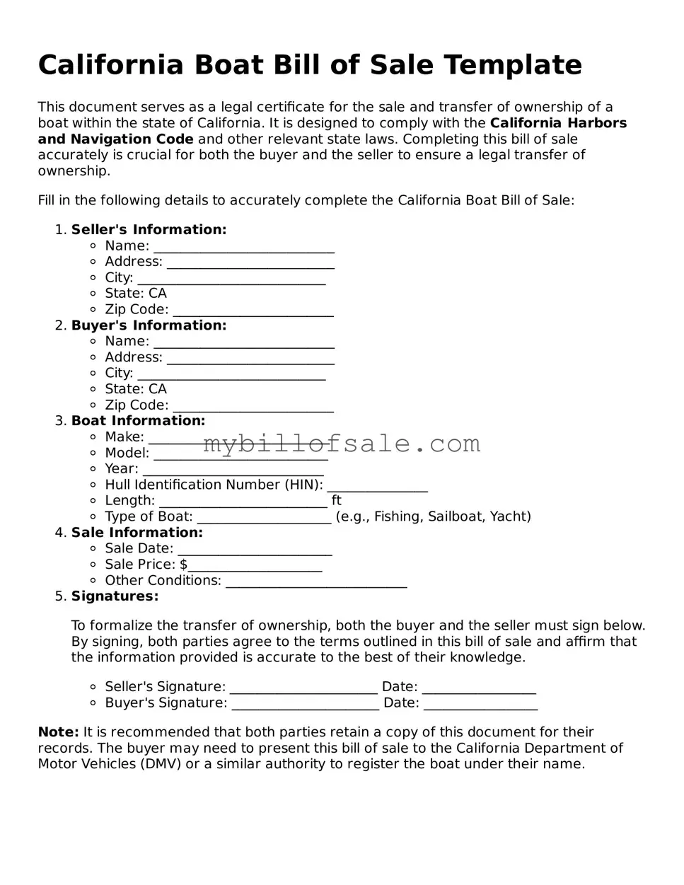 Official California Boat Bill of Sale Template