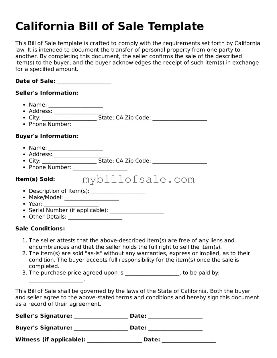 Official California Bill of Sale Template