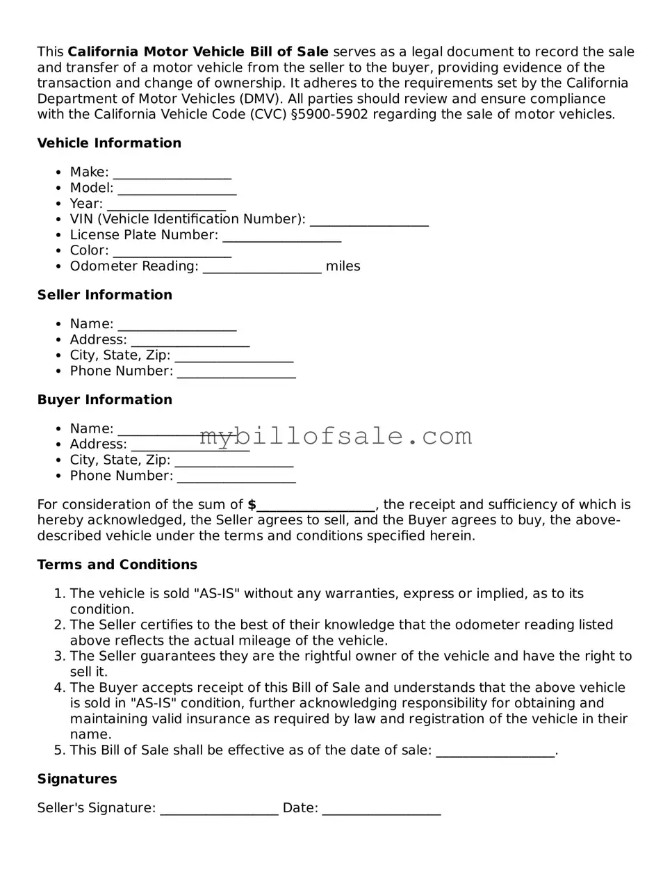 Official California Motor Vehicle Bill of Sale Template