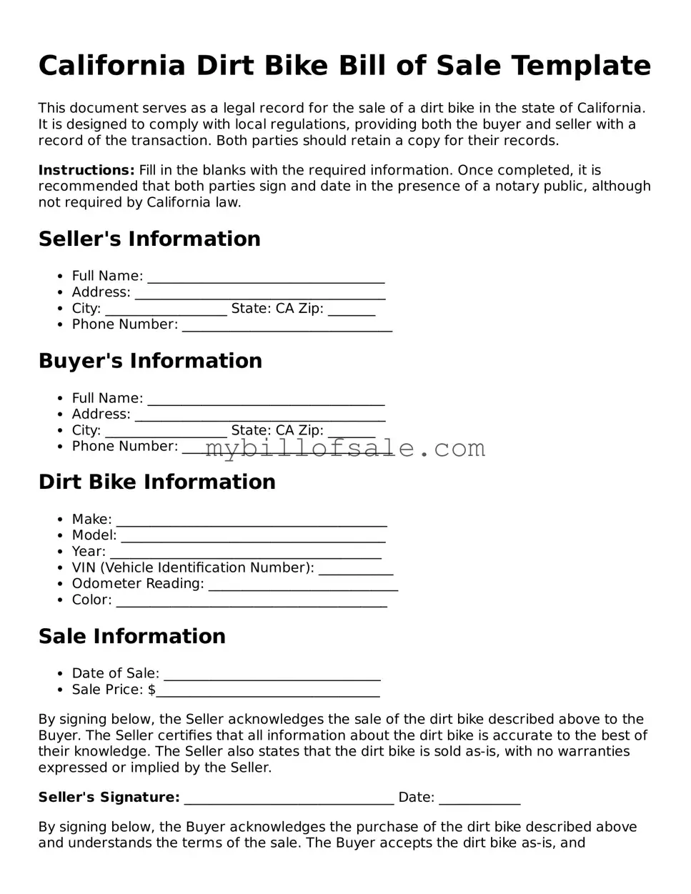 Official California Dirt Bike Bill of Sale Template